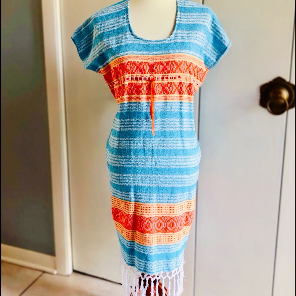 Vintage Mexican Tasseled Blue and Orange Dress XL